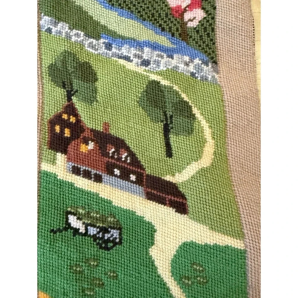 VTG Needlepoint Four Seasons  35” X 6 3/4” Cottage Core Cabin Ready To Frame